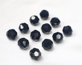 Vintage 12mm Round Faceted Swarovski Jet Crystal Beads