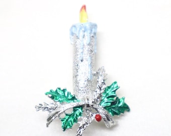 Vintage “Gerrys” Silvertone & Enamel Christmas Candle Pin