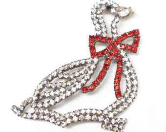 Vintage Goose Pin with Prong-set Clear and Red Rhinestones