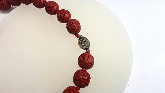 Vintage Carved Cinnabar Bead Necklace with Filigr… - image 3