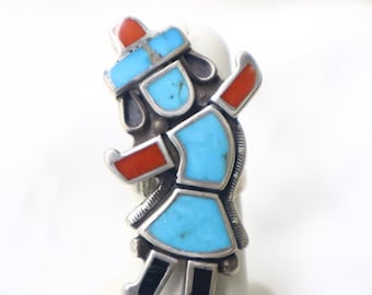 Vintage Zuni Handmade Sterling Silver “Rainbow Man” Ring with Turquoise, Jet & Coral