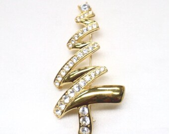 Vintage Signed “Monet” Goldplate & Rhinestone Christmas Tree Brooch