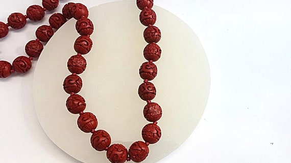 Vintage Carved Cinnabar Bead Necklace with Filigr… - image 2