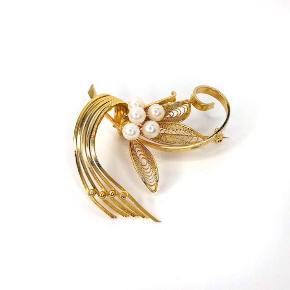 Late 1950’s Goldplate Filigree-style Brooch with … - image 1