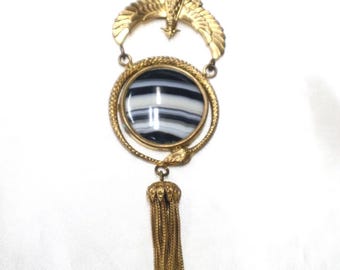 Late 1800’s Brass Egyptian Motif Tassled Brooch with Sardonyx