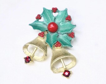 1950’s Enamel and Rhinestone Holly & Christmas Bells Pin