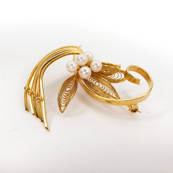Late 1950’s Goldplate Filigree-style Brooch with … - image 2