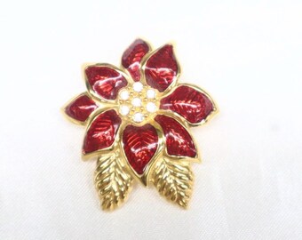 Vintage Signed “Monet”Goldplate & Enamel Pointsetta Pin with Rhinestones