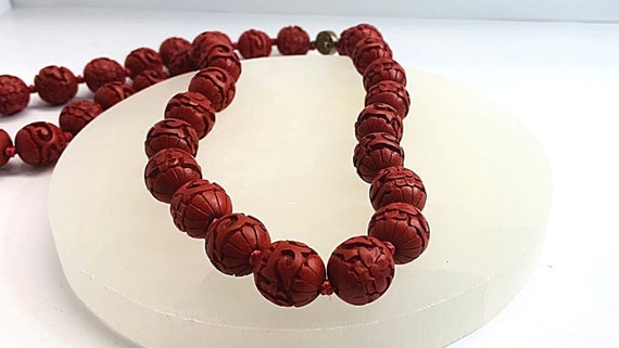 Vintage Carved Cinnabar Bead Necklace with Filigr… - image 1