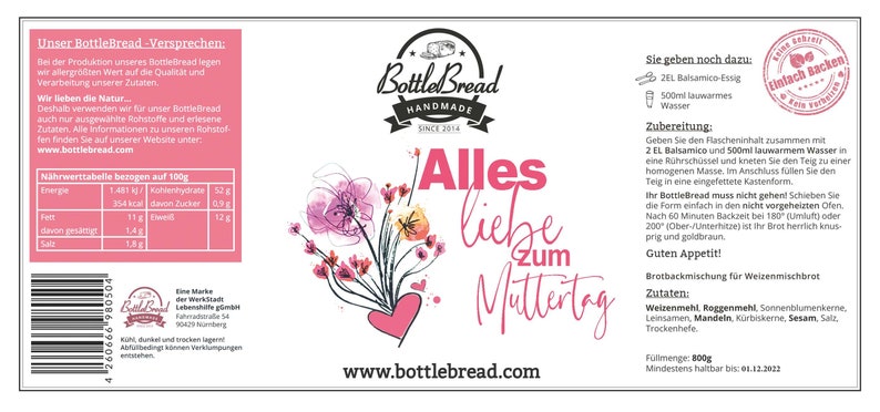 BottleBread Happy Mother's Day Flowers Baking Mix Bread Baking Mix in a Glass Bottle Gift for Mother's Day Mother's Day Gift image 3