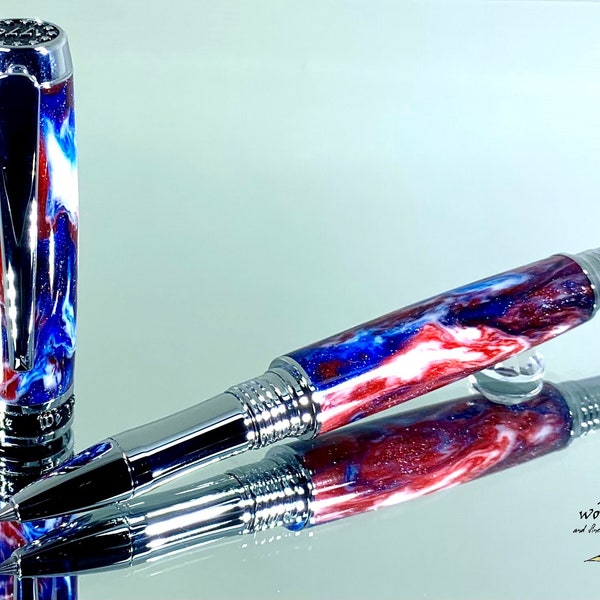 Independence Themed Red, White and Blue DiamondCast Rollerball Pen with Rhodium Components