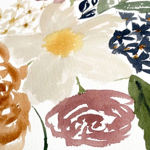 May include: Watercolor painting of a bouquet of flowers in shades of pink, white, yellow, orange, and green. The flowers are arranged in a loose, organic style, and the painting has a soft, romantic feel.