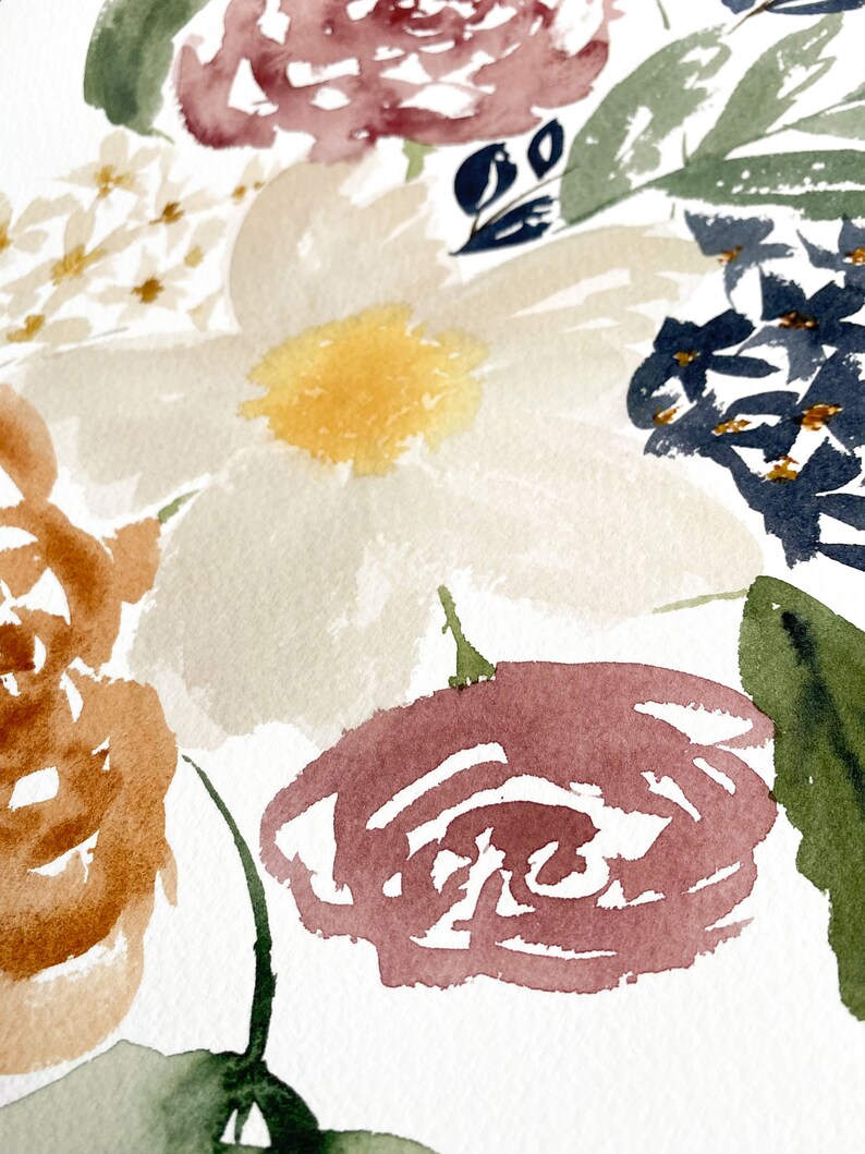 May include: Watercolor painting of a bouquet of flowers in shades of pink, white, yellow, orange, and green. The flowers are arranged in a loose, organic style, and the painting has a soft, romantic feel.