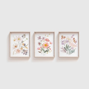 Aquarell BlumenDrucke - 3er Set Aquarell Kunstdrucke - Blumen Wandkunst - BlumenBild - Wildblumen Malerei - Aquarell Blumendruck