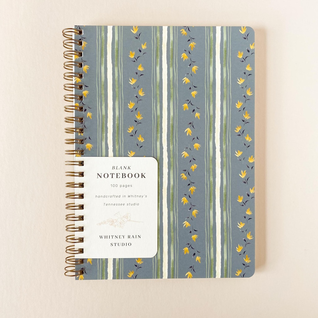 Watercolor Blue Stripes Floral Spiral Notebook - Handmade Lined or ...
