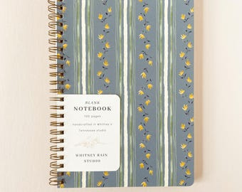 Watercolor Blue Stripes Floral Spiral Notebook - Handmade Lined or Blank Journal