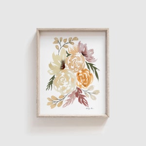 May include: A watercolor painting of a bouquet of flowers in shades of yellow, orange, and pink. The flowers are arranged in a loose, organic style, and the background is a soft white.