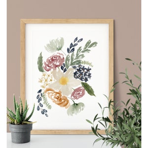 May include: Watercolor painting of a bouquet of flowers in shades of pink, orange, yellow, and blue. The flowers are arranged in a loose, organic style, and the background is white.