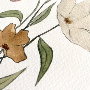 May include: Watercolor painting of a bouquet of flowers with pink, white, and brown petals. The flowers have green stems and leaves.