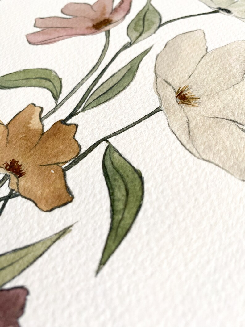 May include: Watercolor painting of a bouquet of flowers with pink, white, and brown petals. The flowers have green stems and leaves.