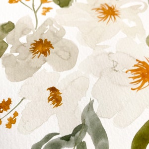 May include: Watercolor painting of white flowers with brown centers and green leaves. The flowers have a soft, blurred appearance, with delicate brushstrokes. Orange and brown accents add contrast to the composition. The artwork is on a white background.
