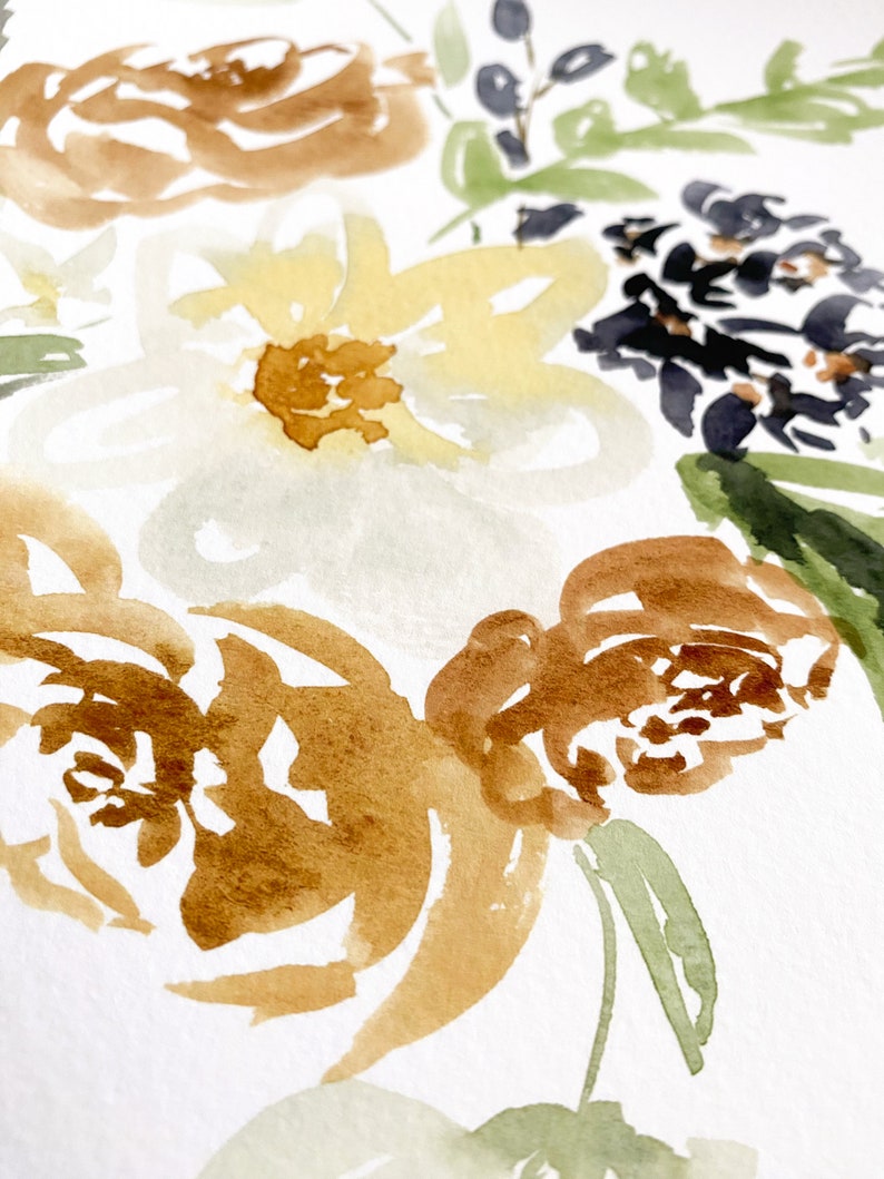 May include: Watercolor painting of flowers in shades of brown, yellow, and white, with accents of green and dark blue. The floral arrangement is painted on a white background, showcasing a delicate and artistic style.