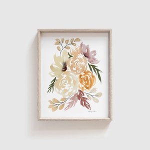 May include: A watercolor painting of a bouquet of flowers in shades of yellow, orange, and pink. The flowers are arranged in a loose, organic style, and the background is a soft white.