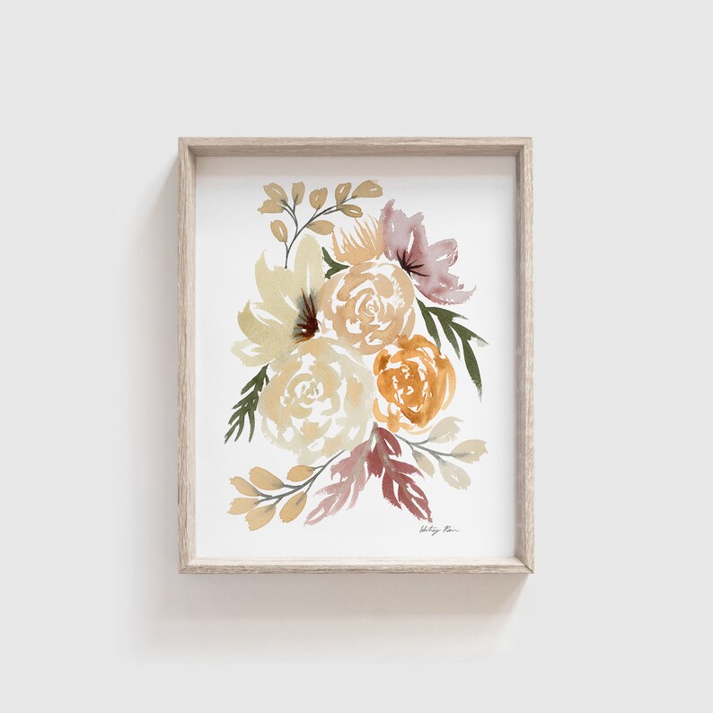 May include: A watercolor painting of a bouquet of flowers in shades of yellow, orange, and pink. The flowers are arranged in a loose, organic style, and the background is a soft white.