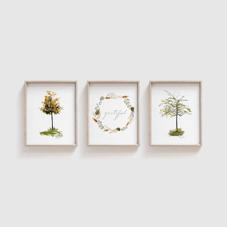 Set of 3 Autumn Fall Art Prints Fall Trees Artwork Grateful Watercolor Wreath Autumn Fall Thanksgiving Decor Inspirational Ar image 1