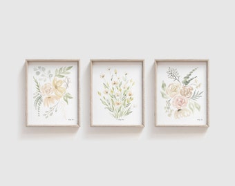 Set of 3 Watercolor Flower Nursery Art Prints - Art for Baby Girl Nursery - Watercolor Flowers Painting - Floral Artwork - Baby Shower Gift