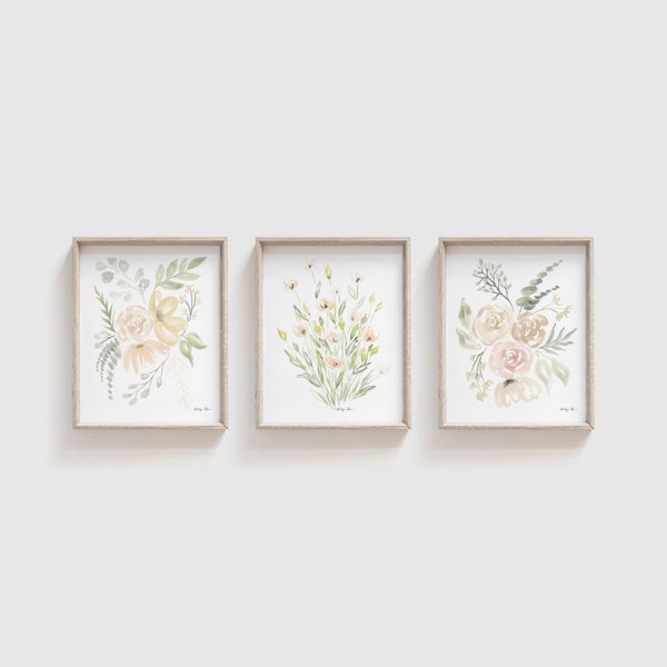Set di 3 stampe d'arte per la cameretta dei fiori ad acquerello - Arte per la cameretta dei bambini - Pittura di fiori ad acquerello - Opere d'arte floreali - Regalo per la doccia per bambini