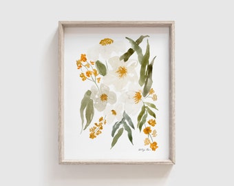 Gouache Art Print | Floral Art Print | Gouache Flower Painting | Wildflowers Print | Artwork for Walls | Living Room Decor | Orange Flowers