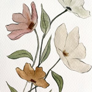 May include: Watercolor painting of a bouquet of flowers with pink, white, and brown petals. The flowers have green stems and leaves.