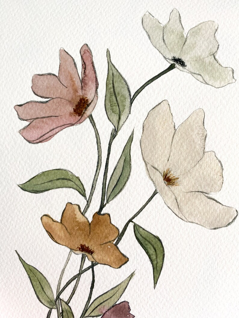 May include: Watercolor painting of a bouquet of flowers with pink, white, and brown petals. The flowers have green stems and leaves.