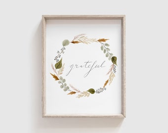 Grateful Watercolor Wreath Art Print | Fall Wreath Artwork | Autumn Fall Decor | Thanksgiving Artwork | Grateful Thanksgiving Decor