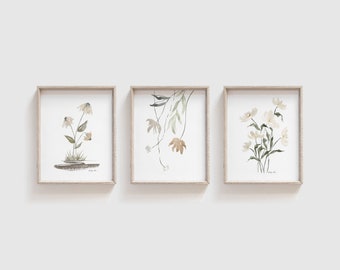 Neutral Flowers Watercolor Set of 3 Floral Art Prints - Minimalist Flower Artwork - Gallery Wall - Wildflower Paintings - Nursery Art