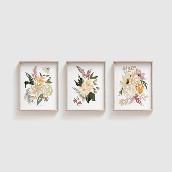 Set of 3 Watercolor Tropical Flowers Art Prints - Coordinating Flower Artwork - Gallery Wall Art - Wildflower Paintings - Living Room Decor