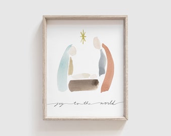 Nativity Art - Watercolor Nativity - Joy to the World - Christmas Art - Mary and Joseph - Baby Jesus - Manger Scene - Picture of Christ