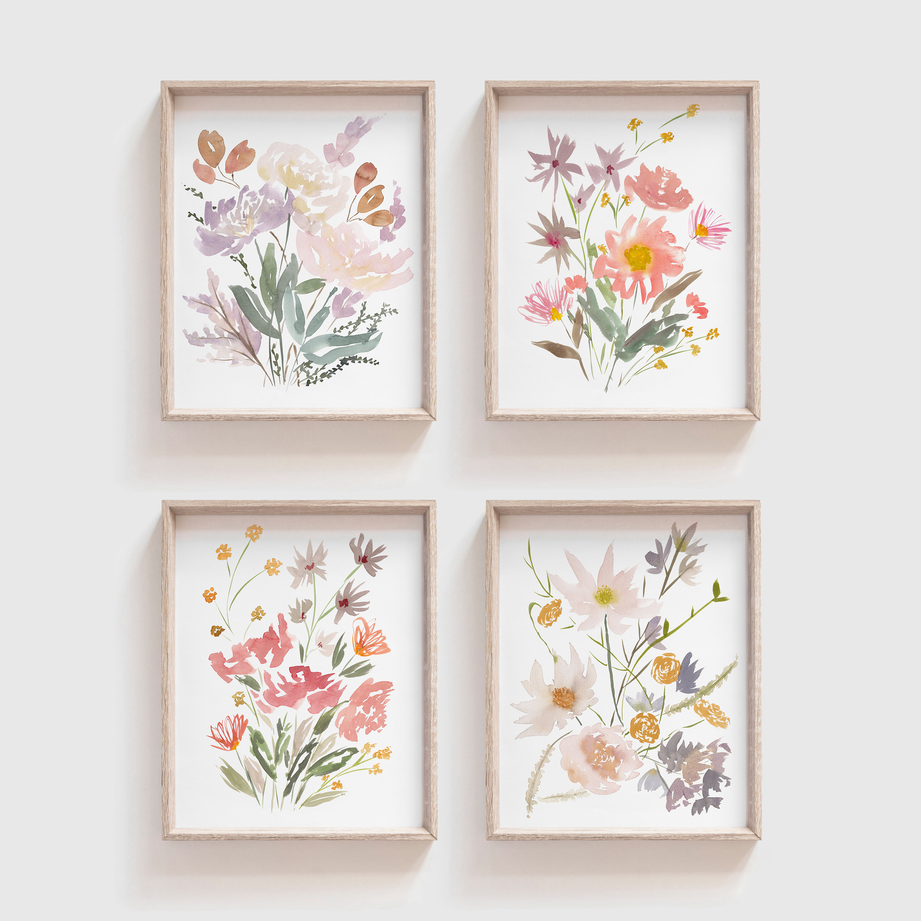 Watercolor Art Prints Set of 4 Flower Art Wildflower Wall picture