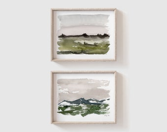 Set of 2 Watercolor Landscape Art Prints - Watercolor Mountains - Landscape Paintings - Neutral Landscape Artwork - Scenic Wall Art