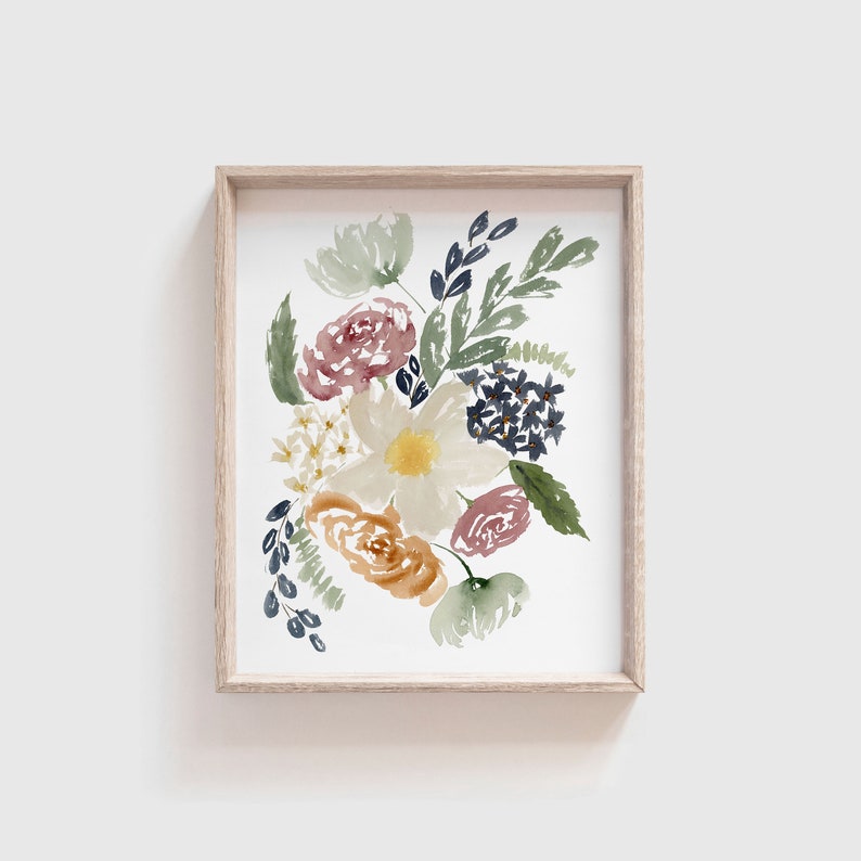 May include: A watercolor painting of a floral bouquet with white, yellow, pink, and orange flowers. The flowers are surrounded by green leaves and blue accents.