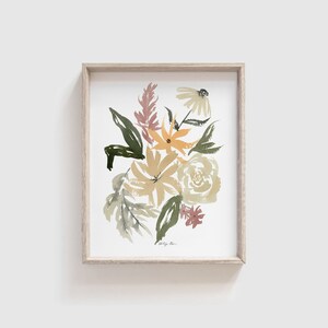 May include: A framed watercolor painting of a bouquet of flowers in shades of yellow, green, and pink. The flowers are painted in a loose, abstract style.