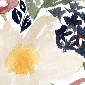May include: Watercolor painting of a floral bouquet with white, yellow, blue, and pink flowers. The flowers are painted in a loose, abstract style.