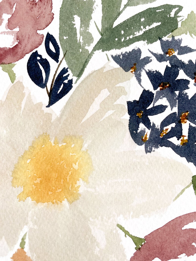 May include: Watercolor painting of a floral bouquet with white, yellow, blue, and pink flowers. The flowers are painted in a loose, abstract style.