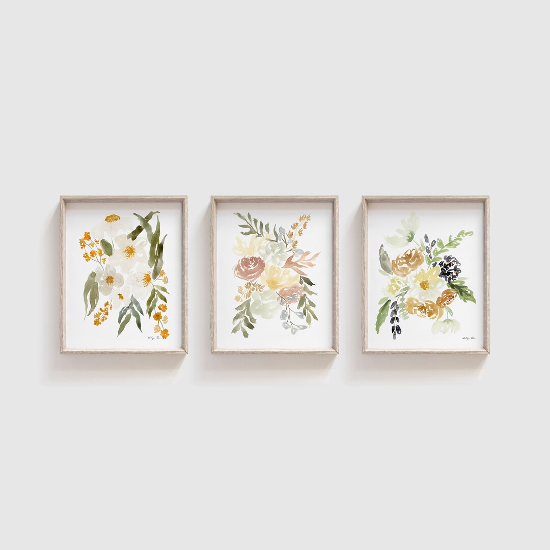 Set of 3 Watercolor Flower Art Prints - Coordinating Flower Artwork ...