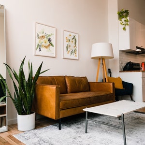 May include: A living room scene featuring a brown leather sofa, a marble-topped coffee table, and a wooden floor lamp. Two framed floral art prints hang on the wall. A large potted snake plant and a patterned rug complete the decor.
