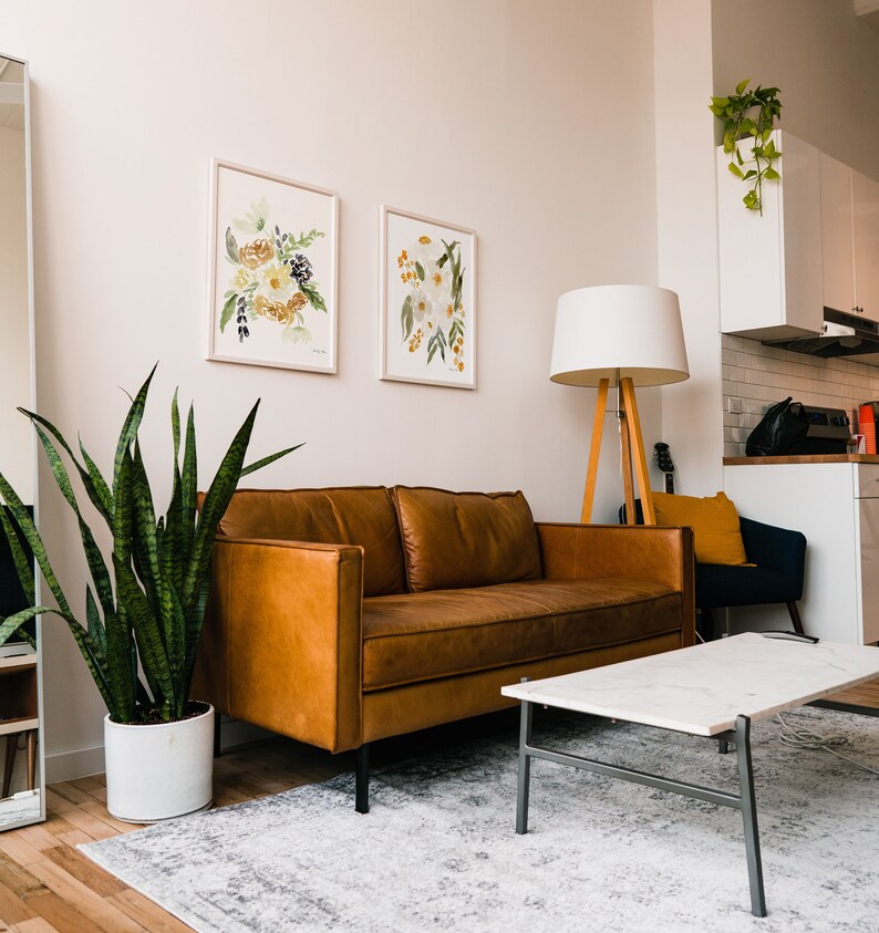 May include: A living room scene featuring a brown leather sofa, a marble-topped coffee table, and a wooden floor lamp. Two framed floral art prints hang on the wall. A large potted snake plant and a patterned rug complete the decor.