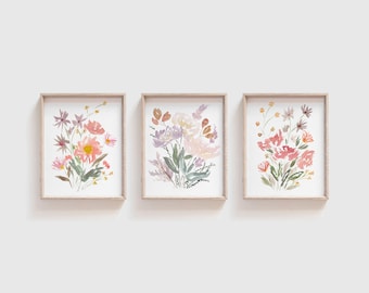 Set of 3 Watercolor Prints | Watercolor Flowers Painting | Gallery Wall Art | Wildflowers Wall Decor | Pastel Floral Artwork | Nursery Art