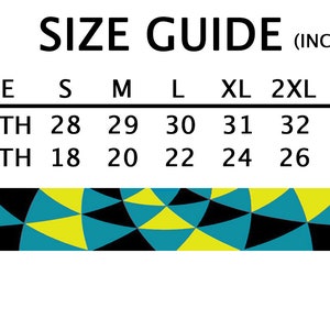 May include: Size guide chart with measurements in inches for a garment. The chart shows the length and width measurements for sizes S, M, L, XL, 2XL, and 3XL.
