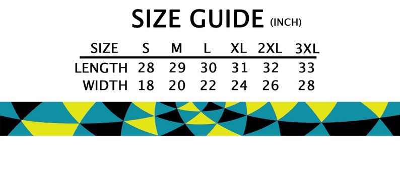 May include: Size guide chart with measurements in inches for a garment. The chart shows the length and width measurements for sizes S, M, L, XL, 2XL, and 3XL.